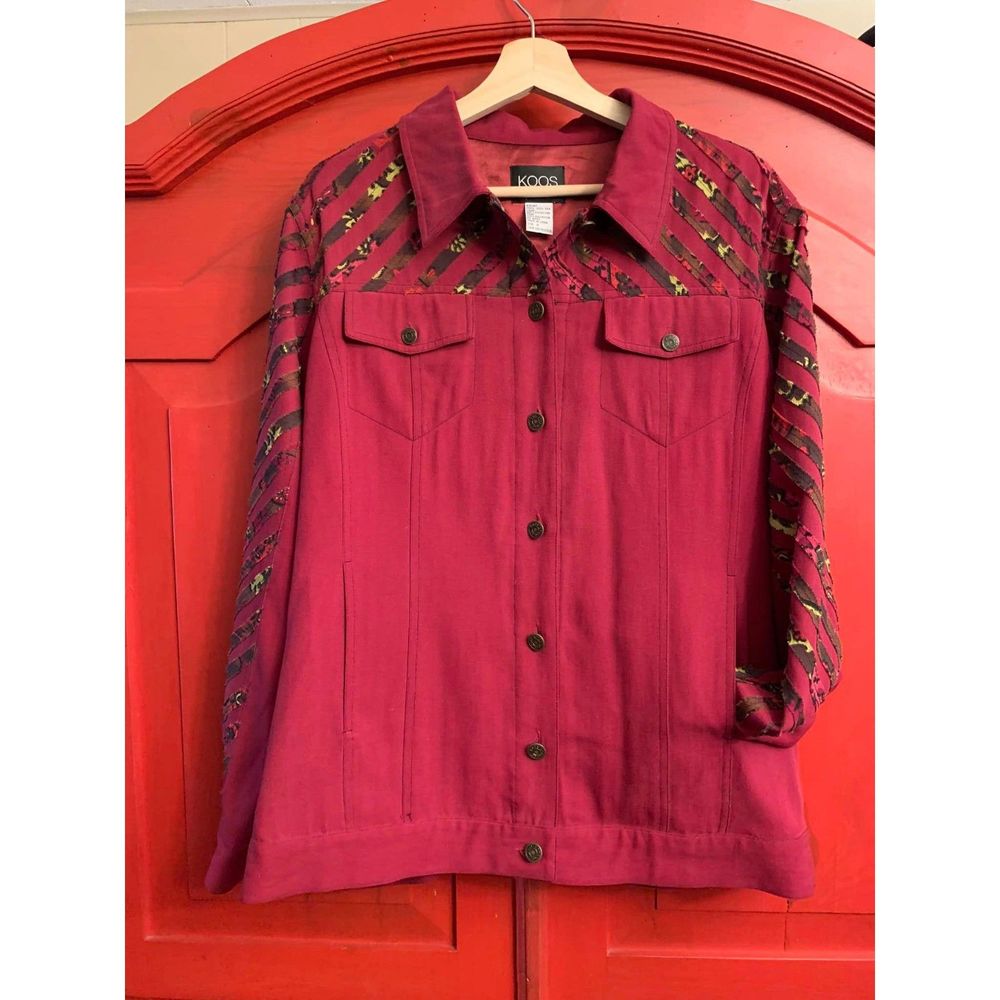 Koos of Course 1X Red Jacket With Animal Print Shoulder Accent Moto Coat EUC